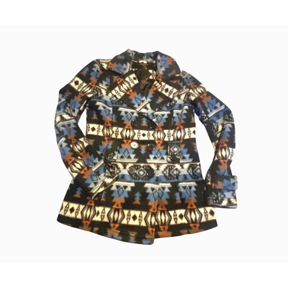 JouJou Tribal Pattern Small Fleece Double-Breasted Lined Peacoat Jacket Aztec - Picture 1 of 14